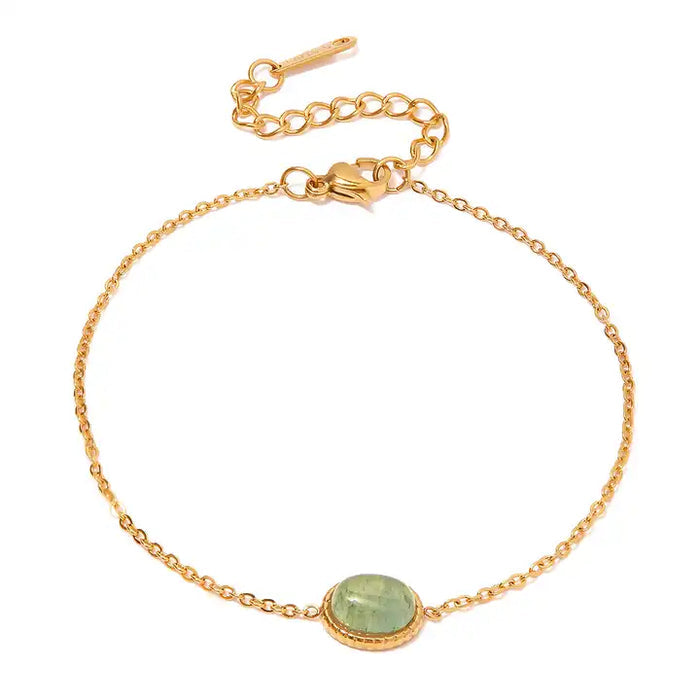 Natural Beauty: Authentic Peridot Stone Minimalist Bracelet - 18k Gold Over Stainless Steel, Oval Stone, 0.1cm Thick, 0.8cm Stone, 2.06g Weight, 7 inches Length (With 2 inches Extender Option)